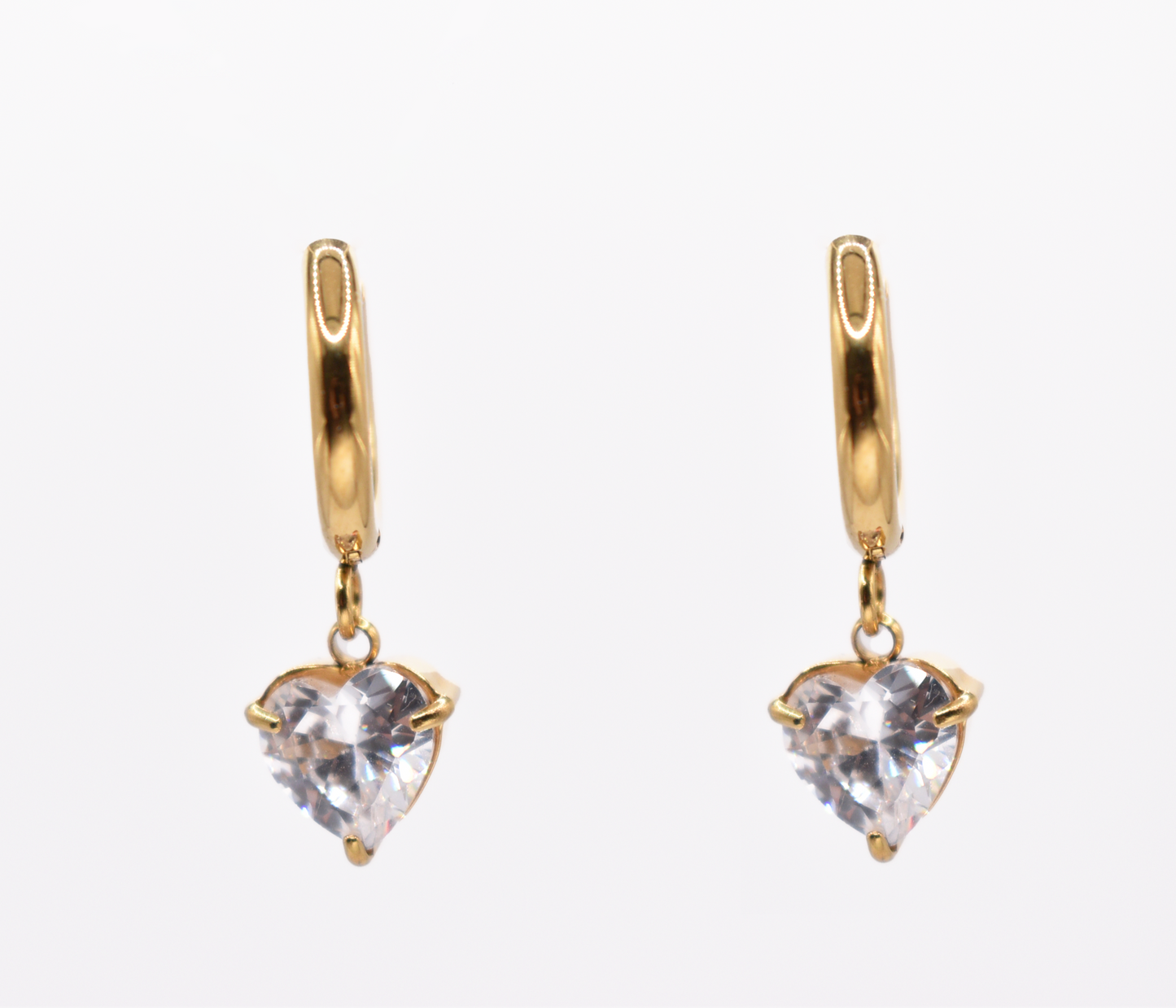 18k gold heart dangle hoop earrings with crystal charm on white background