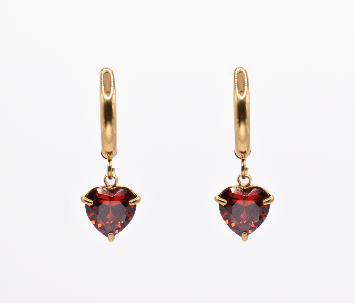Red heart dangle hoop earrings with 18k gold plating on white background