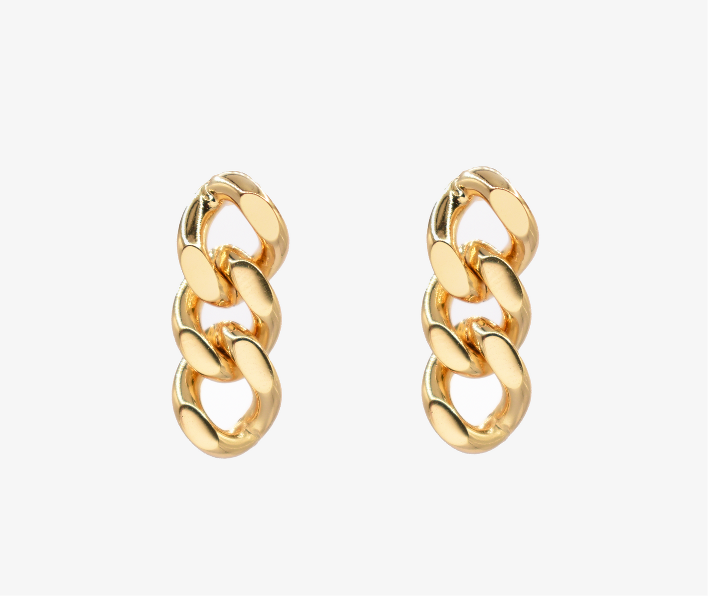 Chunky gold chain-link dangle earrings on white background