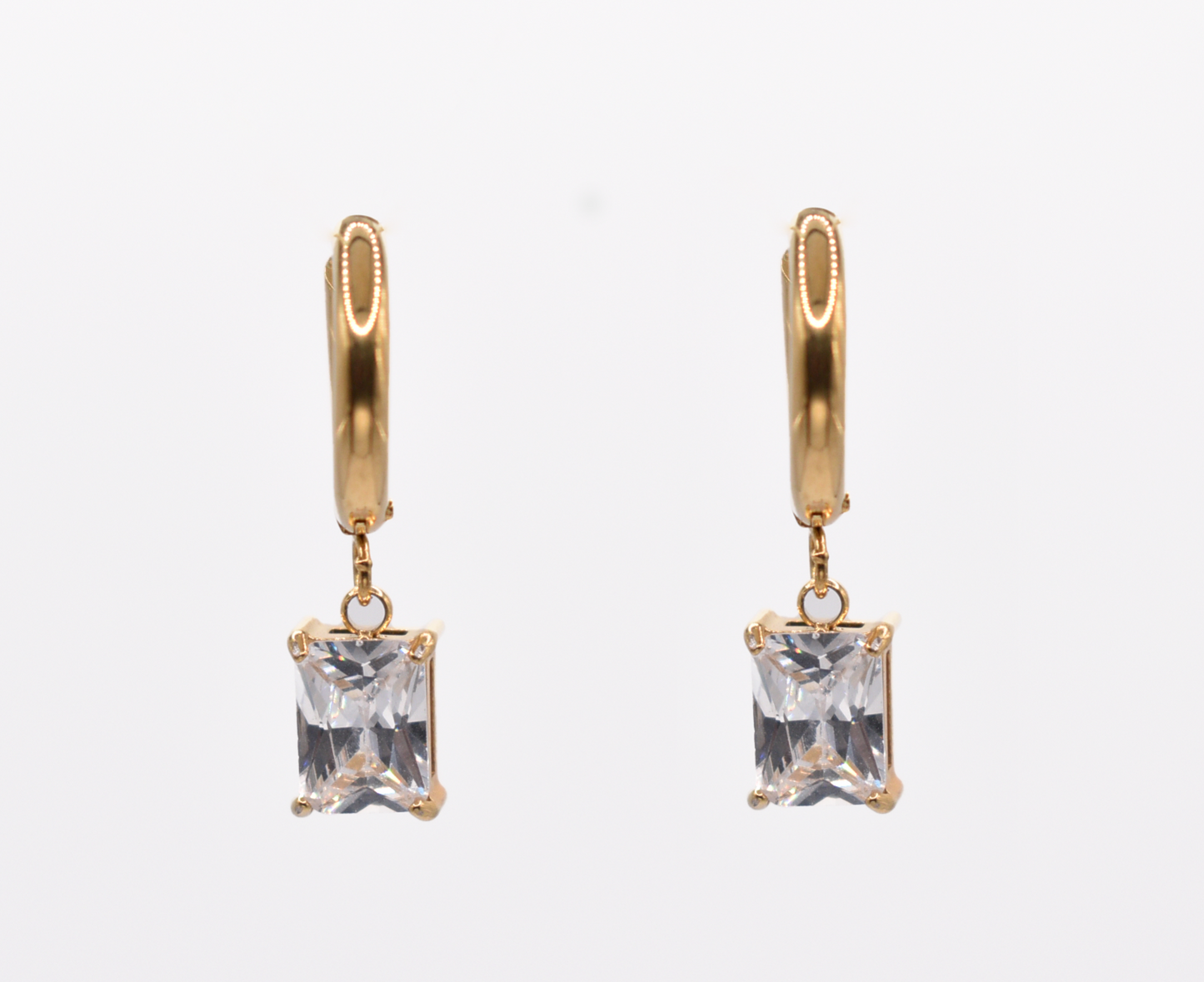 18k gold plated hoop earrings with crystal drop on white background