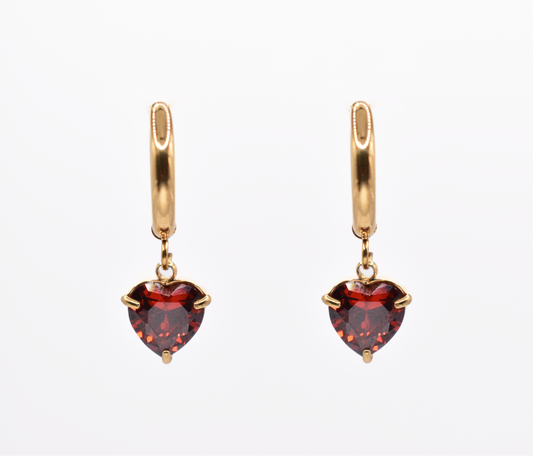 Red heart dangle hoop earrings with 18k gold plating on white background

