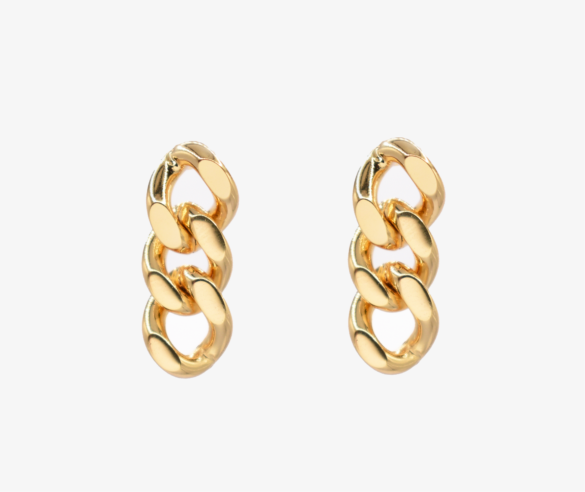 Chunky gold chain-link dangle earrings on white background