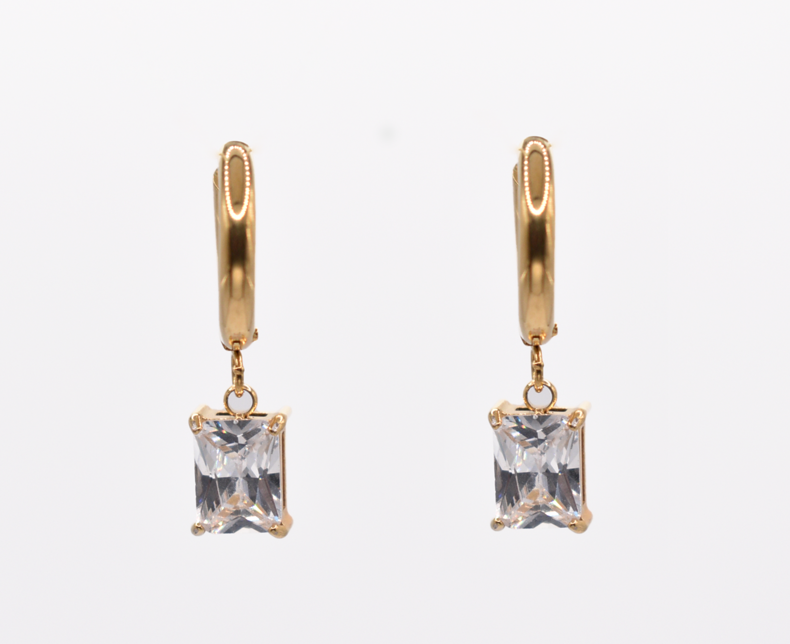18k gold plated hoop earrings with crystal drop on white background

