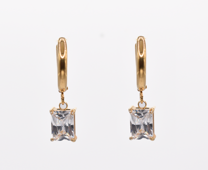 18k gold plated hoop earrings with crystal drop on white background


