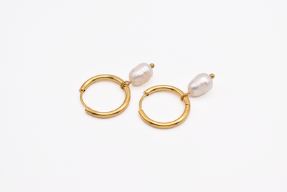 18k gold plated pearl hoop earrings on white background